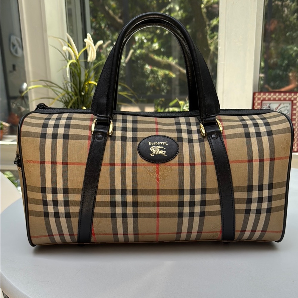 Authentic Burberry Horse Nova Check Leather & Canvas Large Boston Bag